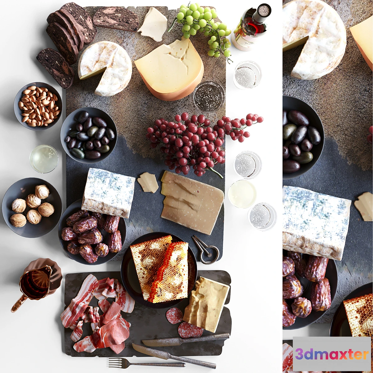 1301673 - Plateau with fruit cheese and meat. Food 3D Max