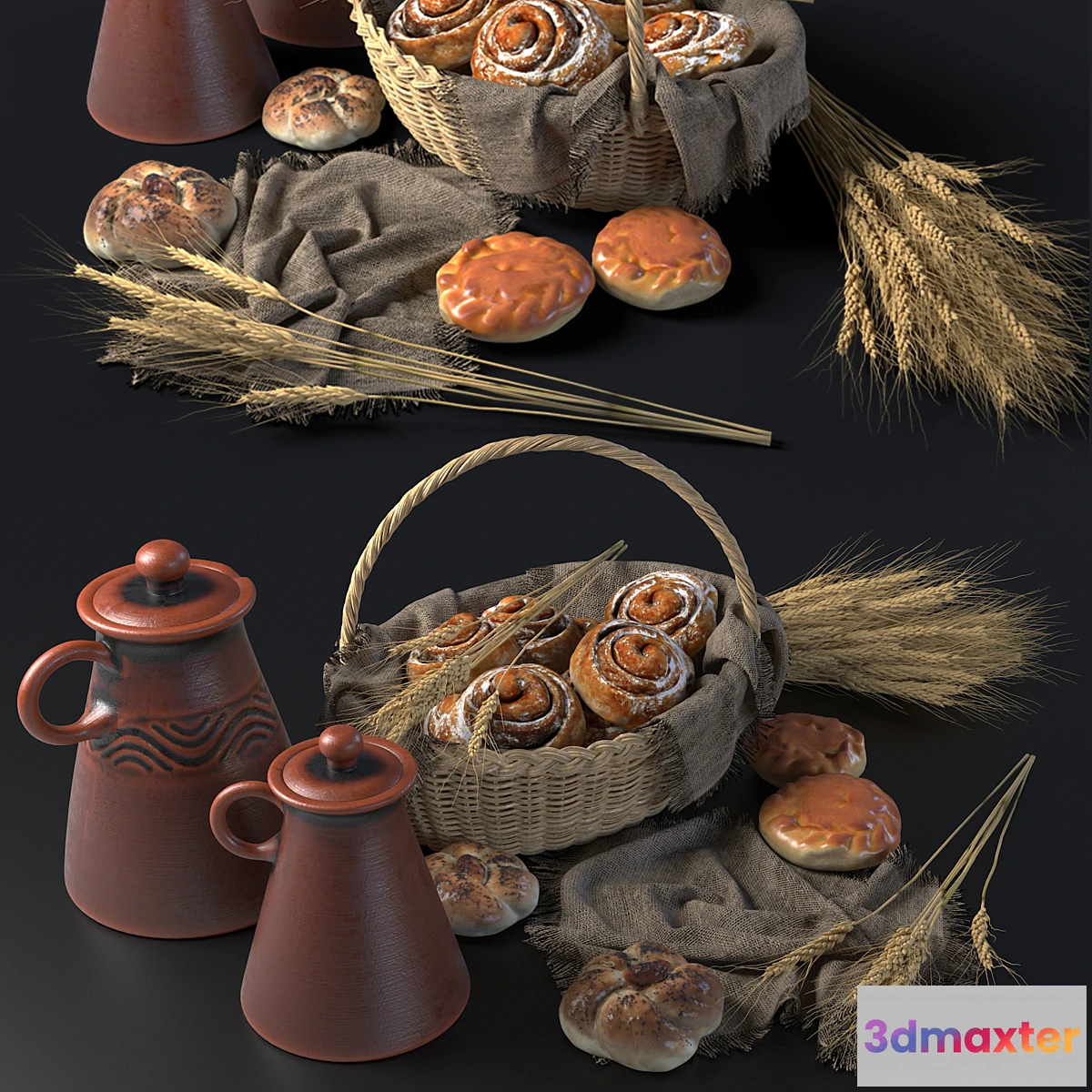 1323702 - Composition with buns in a wicker basket 3D Max