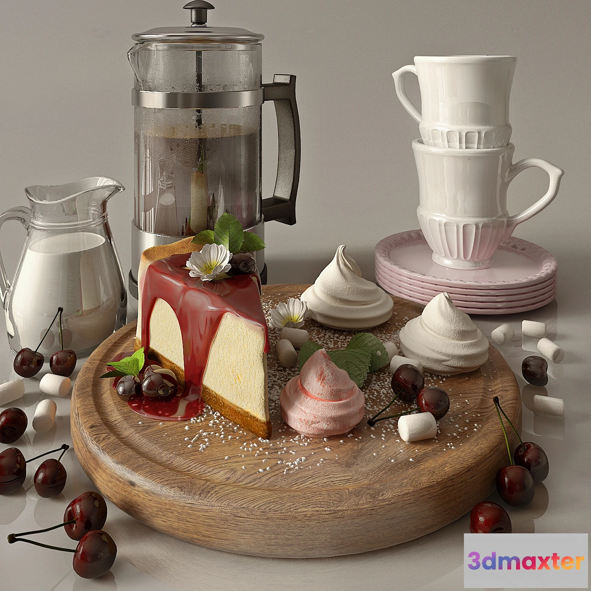 1393364 - Kitchen set with cofee and cherry cheesecake 3D Max