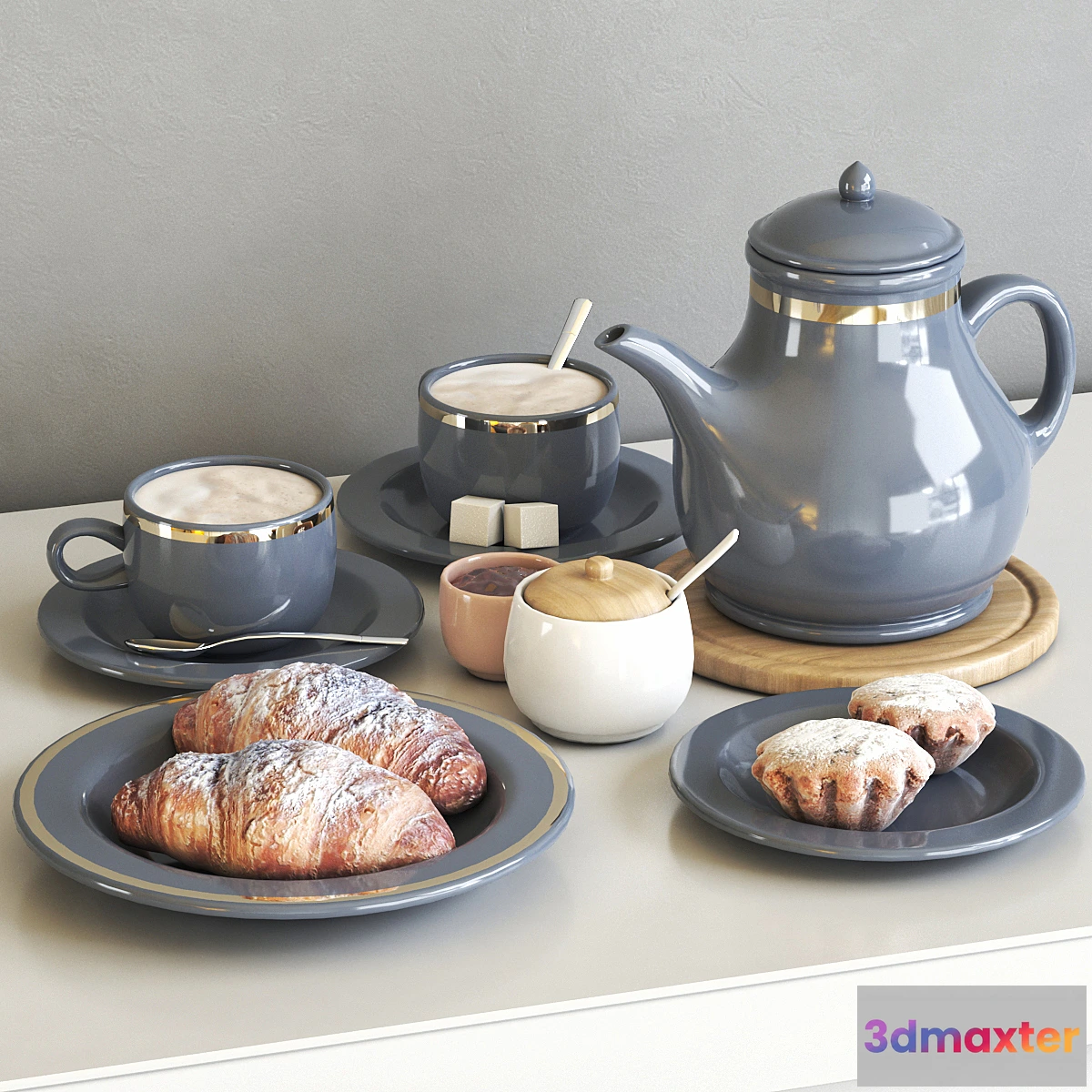 773871 - Tea set with croissant and muffin