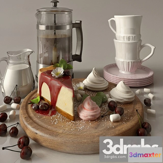 977482 - Kitchen set with cofee and cherry cheesecake