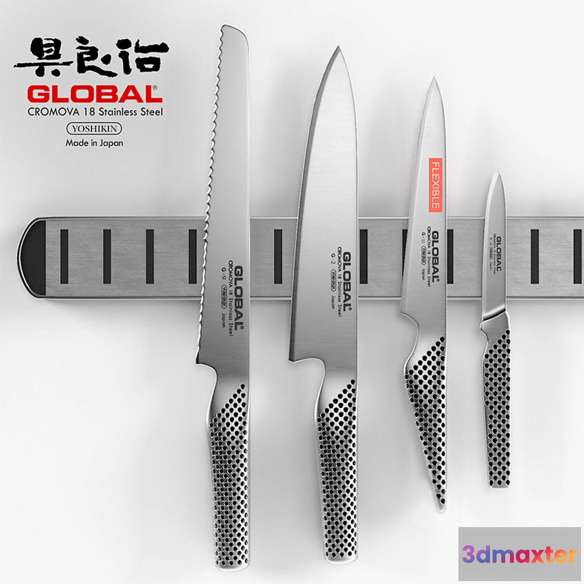 1428514 - Global knife set + magnetic knife rack 3D Max