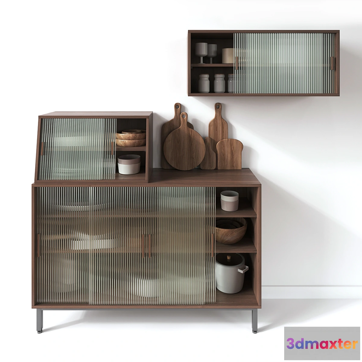 712750 - Wooden Glass Cabinets with Kitchen accessories