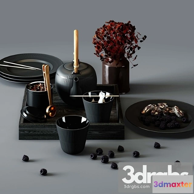 1044054 - Black fluted set - thermal teapot, plates and cups