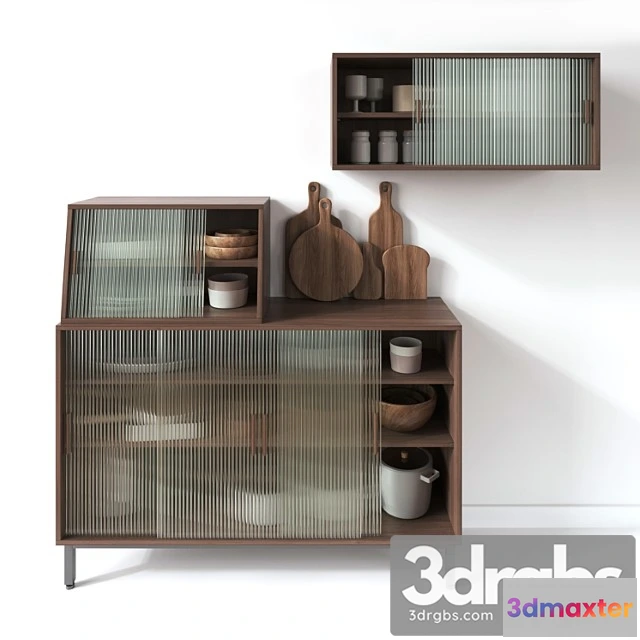 1044526 - Wooden glass cabinets with kitchen accessories