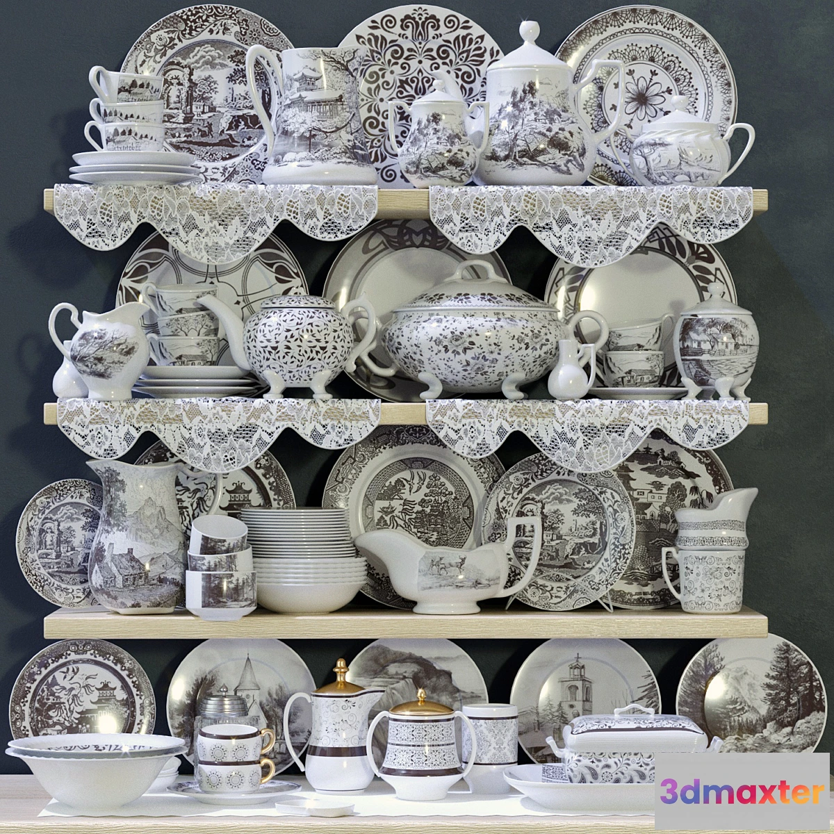 1456458 - Collection of classic patterned porcelain tableware 3D Max