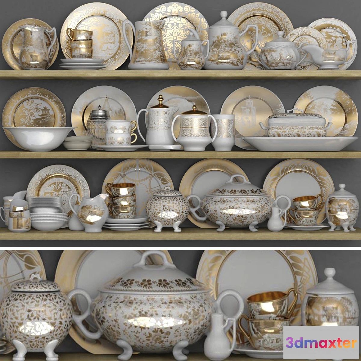 1477764 - Classic crockery set with porcelain and gold leaf 3D Max
