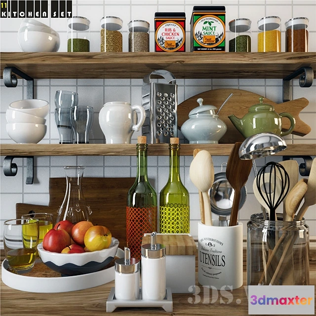 1646818 - kitchen - Set of spices drinks and dishes 3D Max