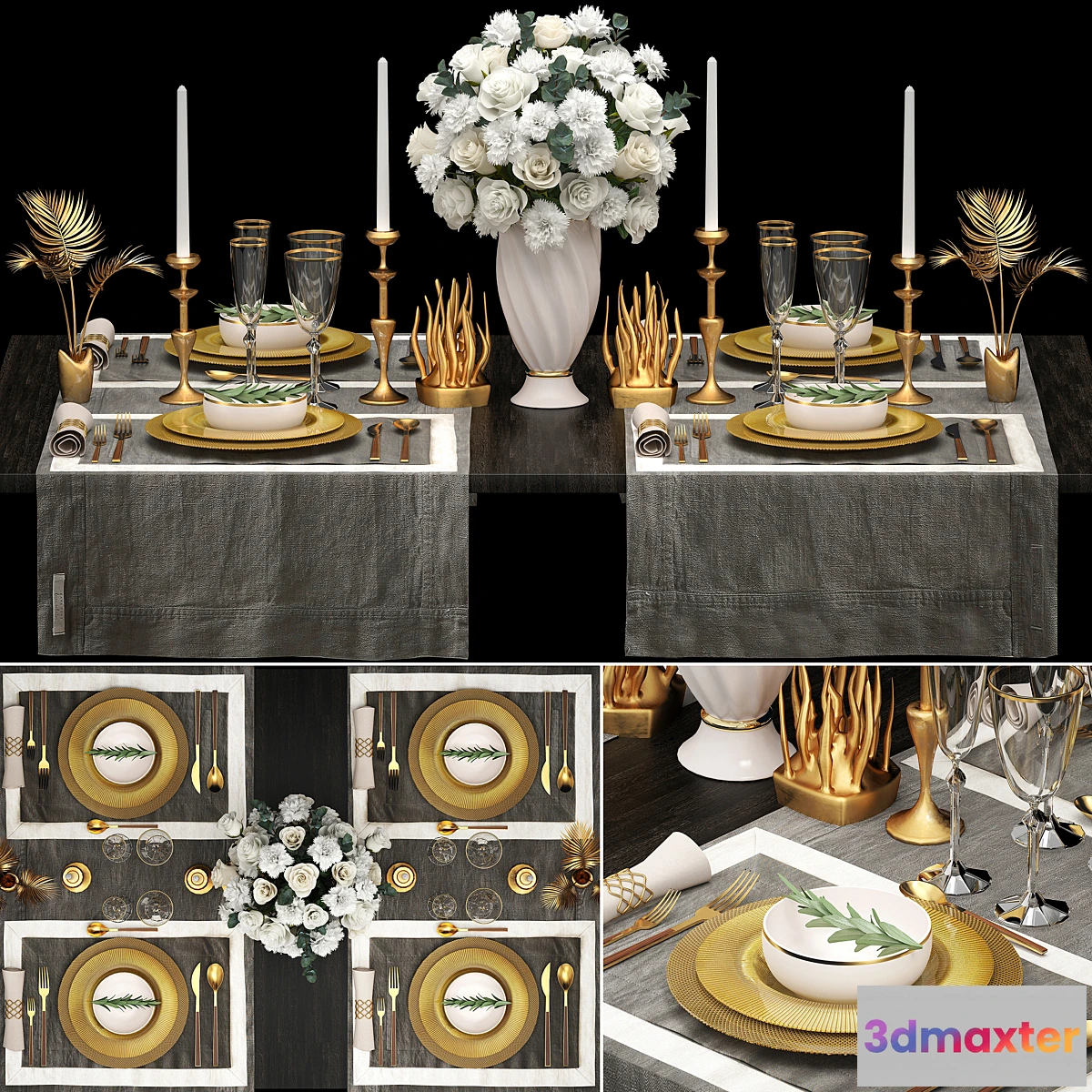 564341 - Table setting 2. ZARA HOME. white bouquet gold decor luxury table decoration cutlery candles