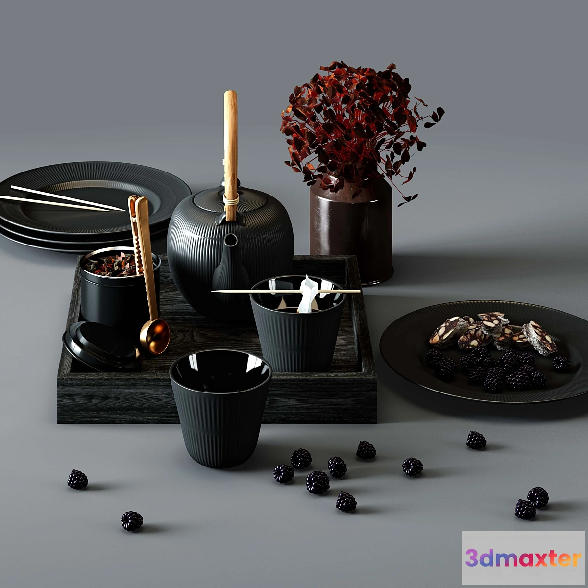 594274 - BLACK FLUTED set - thermal teapot plates and cups