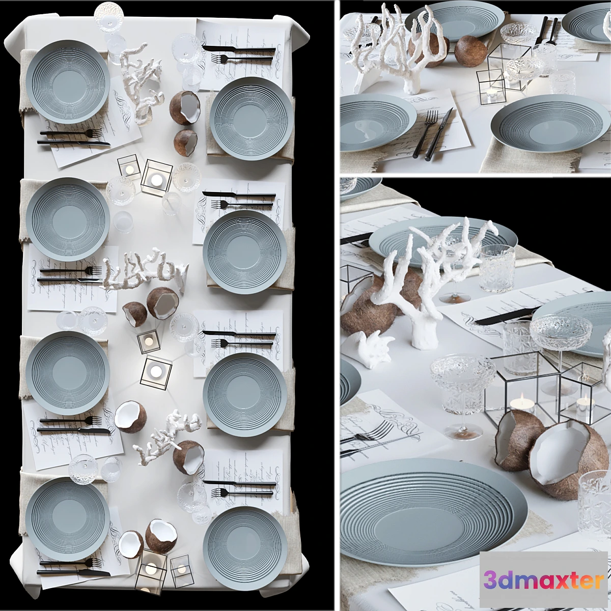 612943 - Table setting with collectible crockery candles and marine-style corals