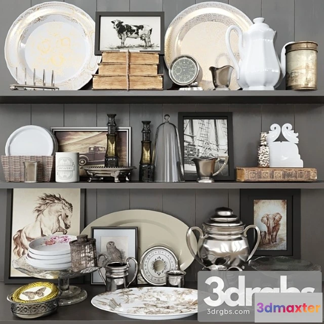 981480 - Shelf with antique decor books and crockery