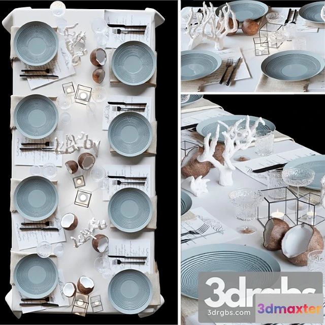 981662 - Table Setting With Collectible Tableware Candles And Corals In A Marine Style