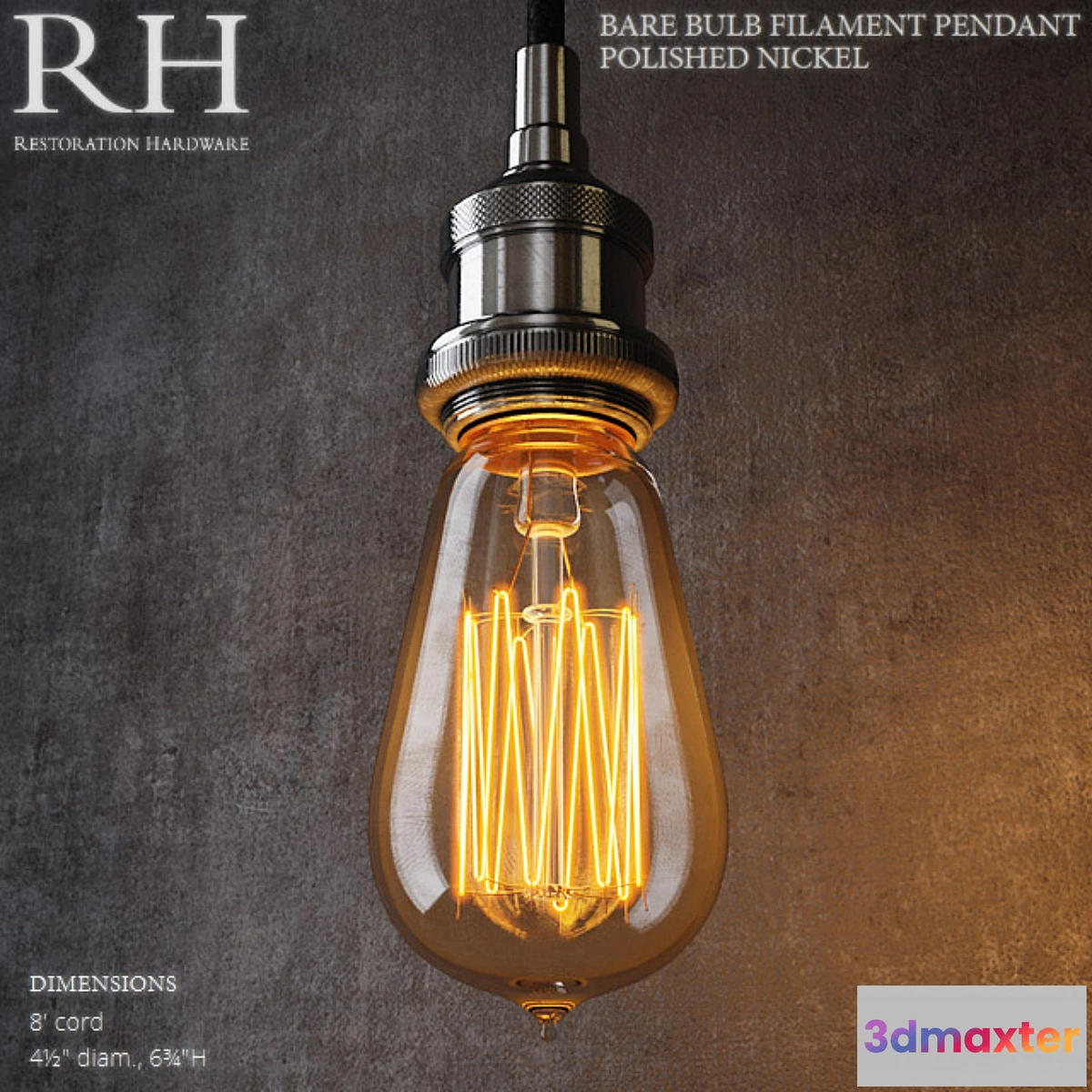 1267740 - RH Bare Bulb Filament Pendant Polished Nickel 3D Max