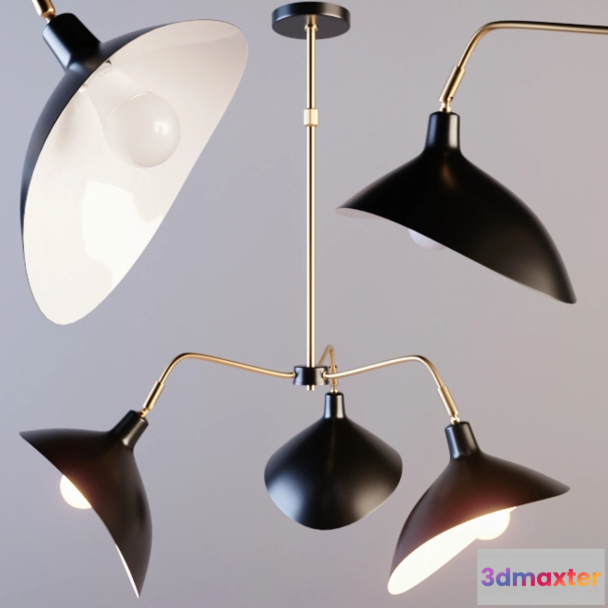 1314705 - Matte Black And Brass 3 Arm Chandelier 3D Max