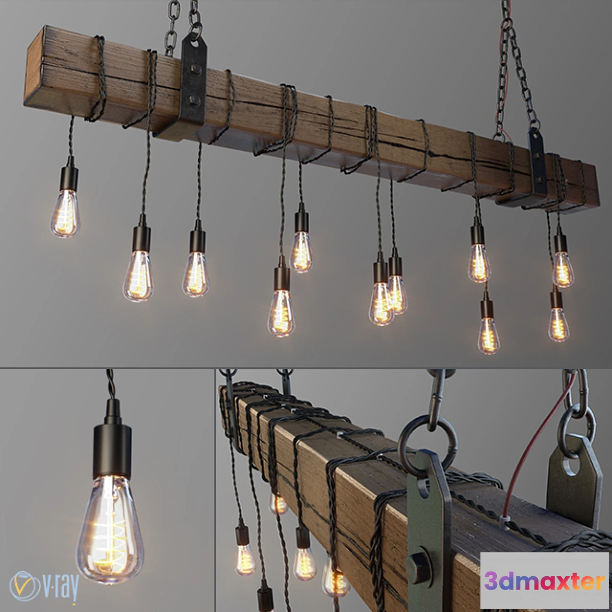 1405996 - Wood Beam Chandelier With Vintage Style Edison Bulbs 3D Max