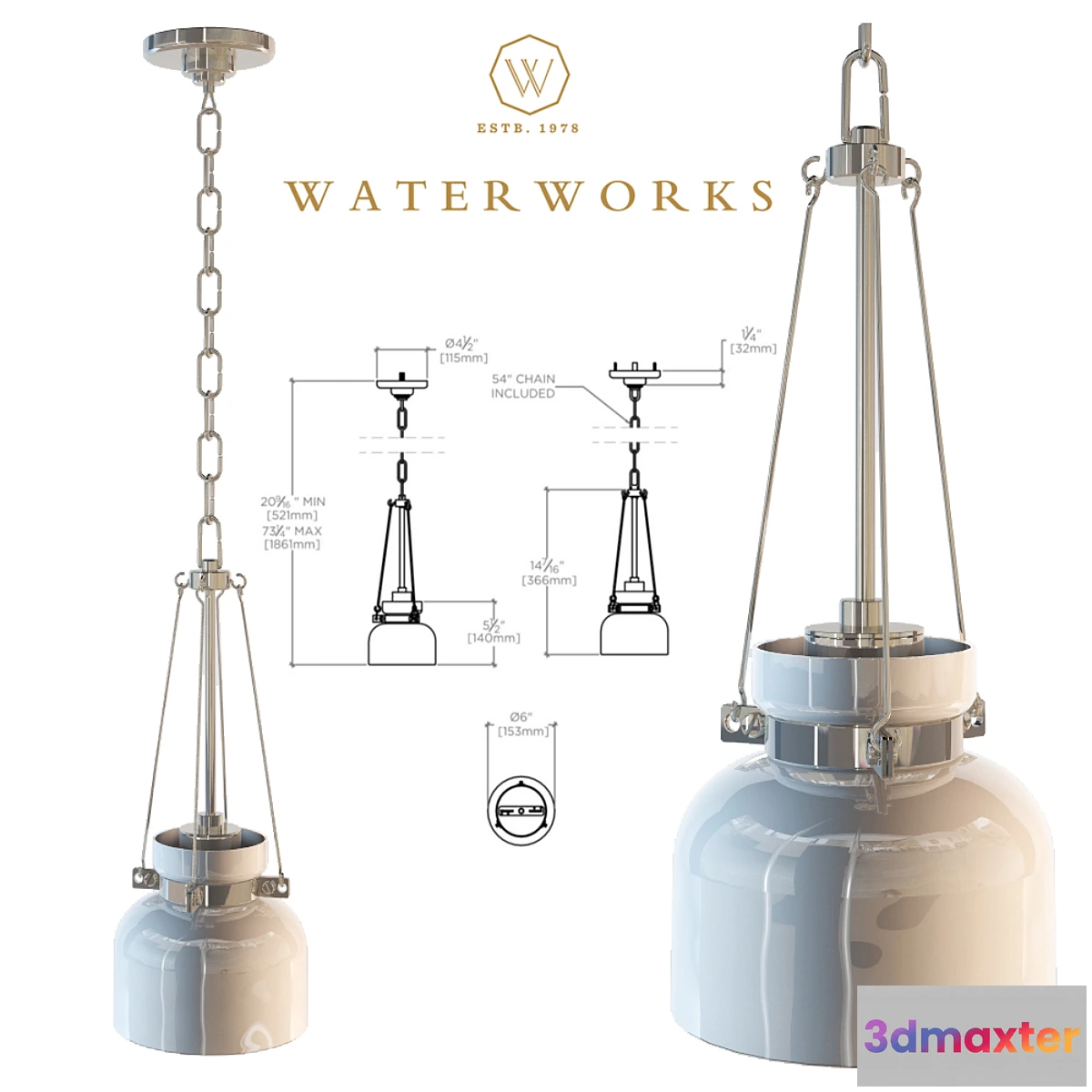 1419932 - Waterworks Helio Ceiling Mounted Small Pendant with Glass Shade 3D Max