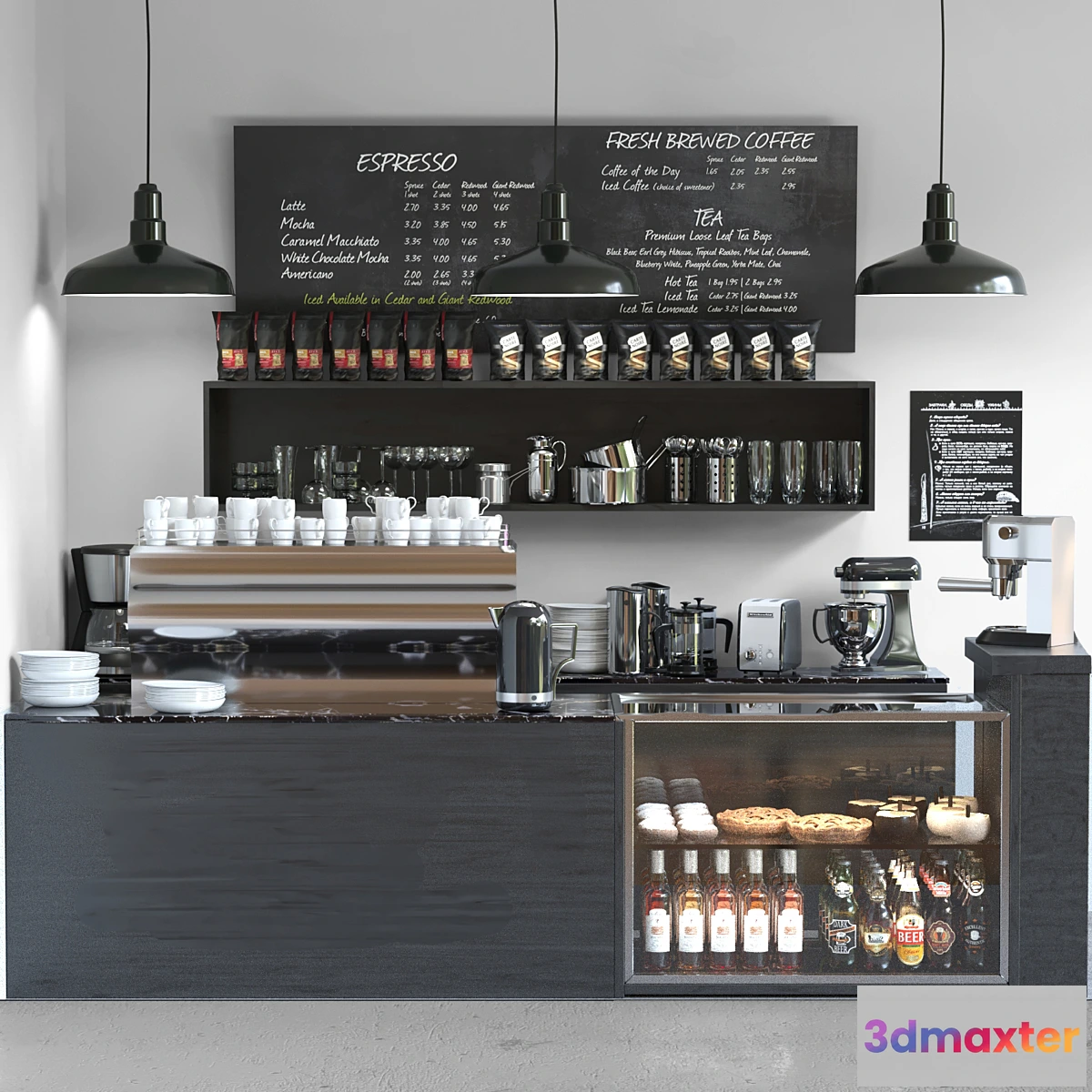 571056 - Cafe in minimalist style with a refrigerator with sweets and low-alcohol drinks