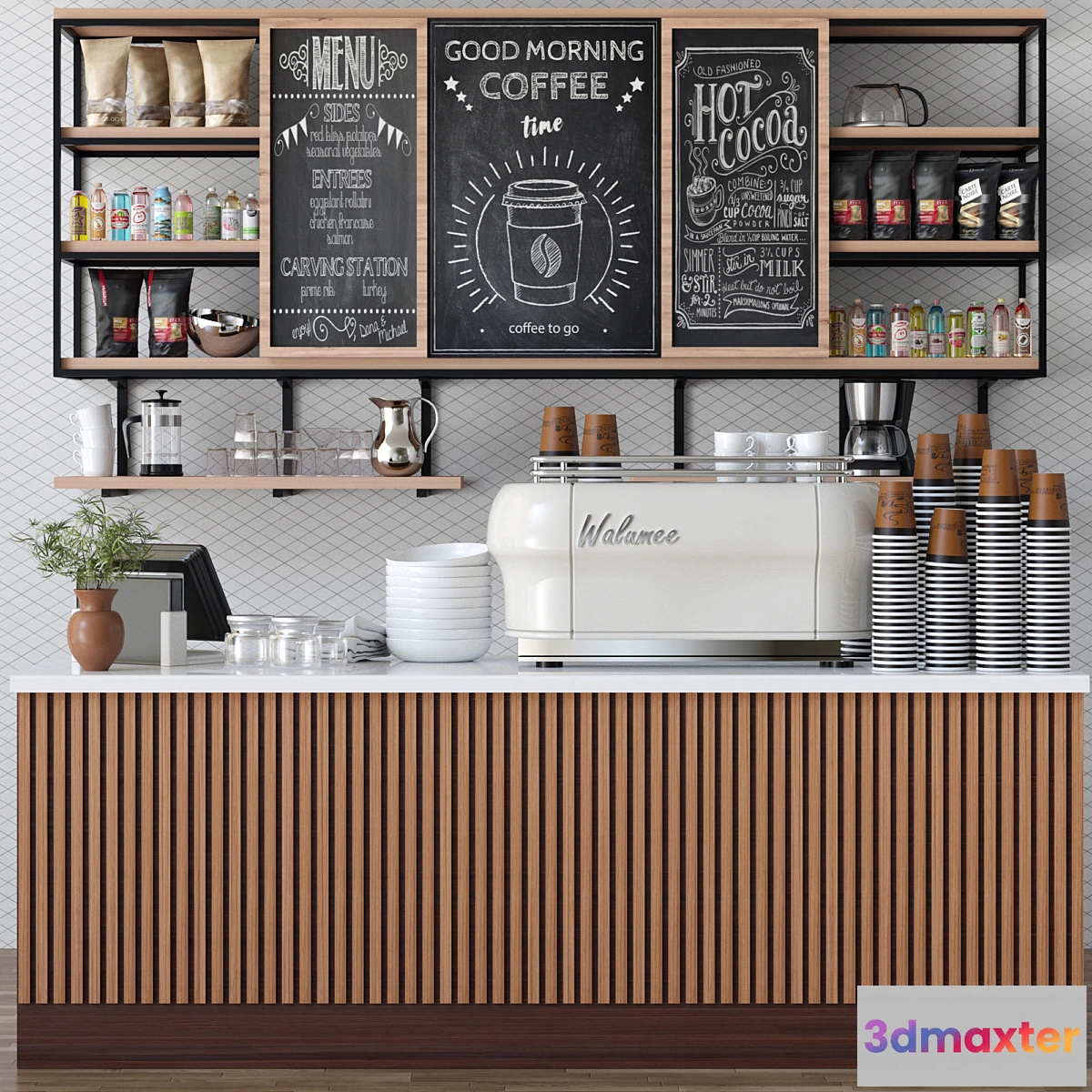 847885 - Design project of a cafe in ethnic style with a coffee machine and accessories on the shelves - No.3