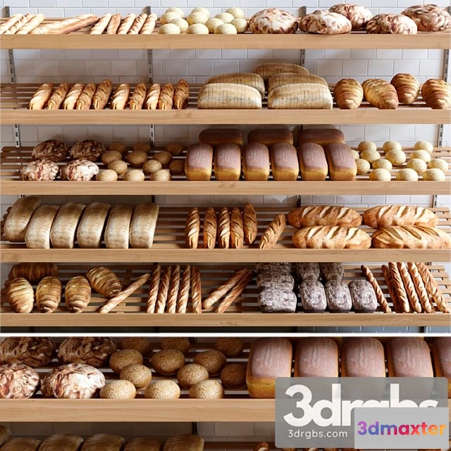 1006356 - Rack with pastries in a bakery with bread loaf and buns.