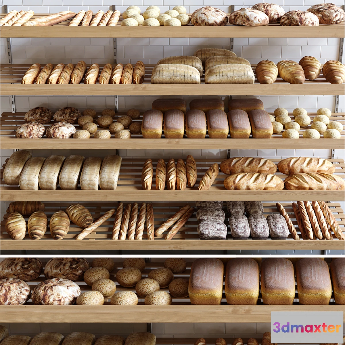 1345109 - Rack with pastries in a bakery with bread loaf and buns. 3D Max