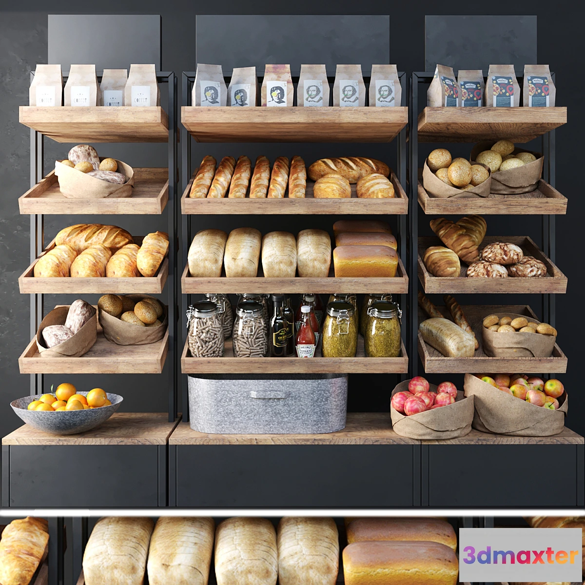 542445 - A large showcase in a bakery with bread and other products. Bakery products