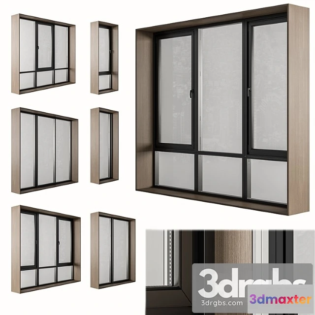 1058952 - Black modern window with wooden frame - windows set 06
