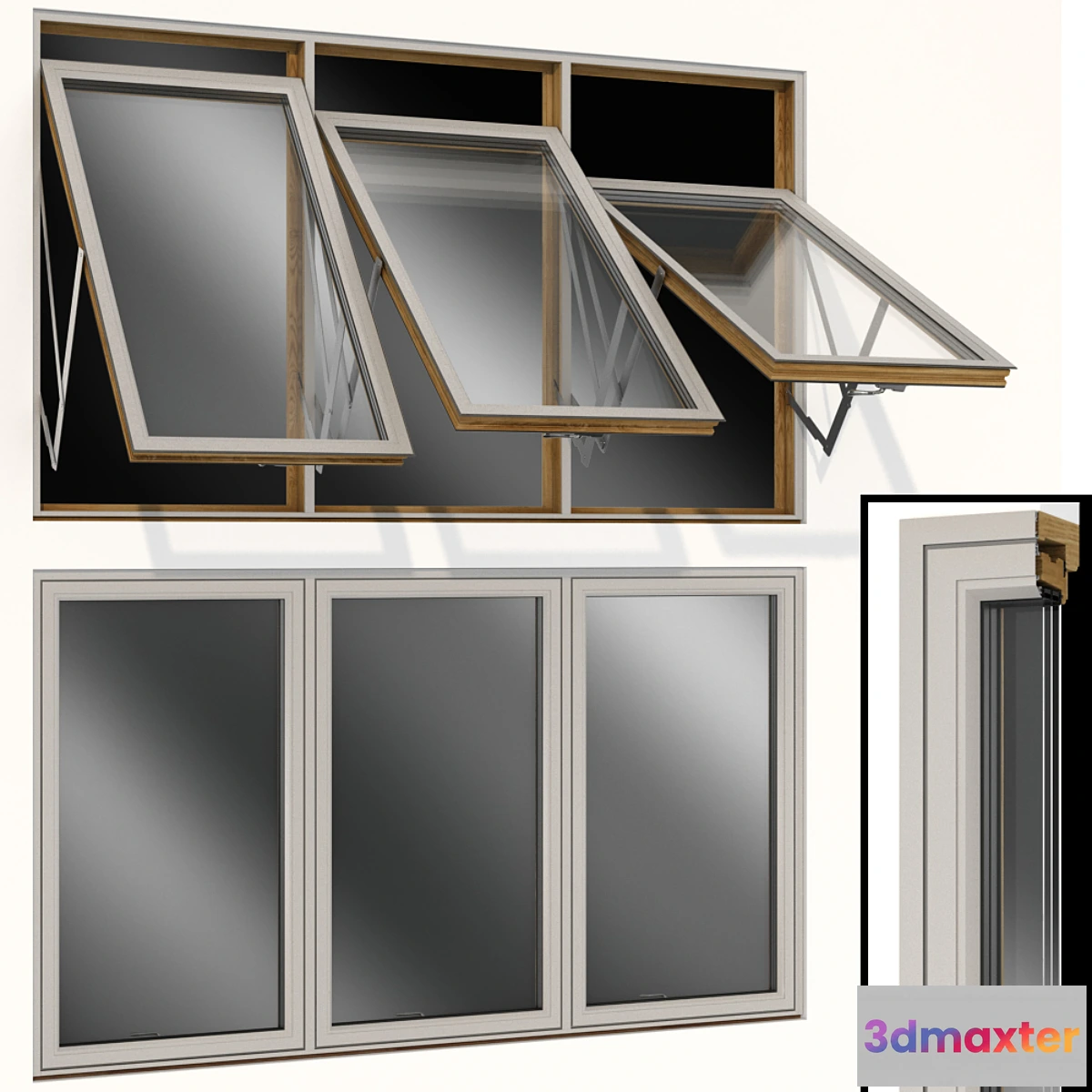 1308094 - Top swing hinged wooden metal window 3D Max