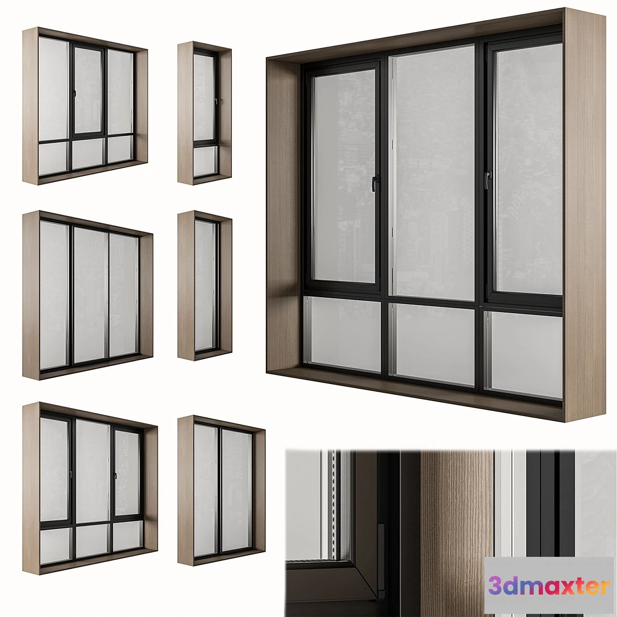 706980 - Black Modern Window with Wooden Frame - Windows Set 06