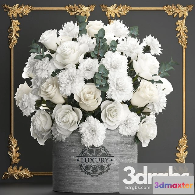 1008906 - A beautiful lush modern bouquet of white flowers in a luxury vase with a molded frame carnation roses eucalyptus branch set 92.
