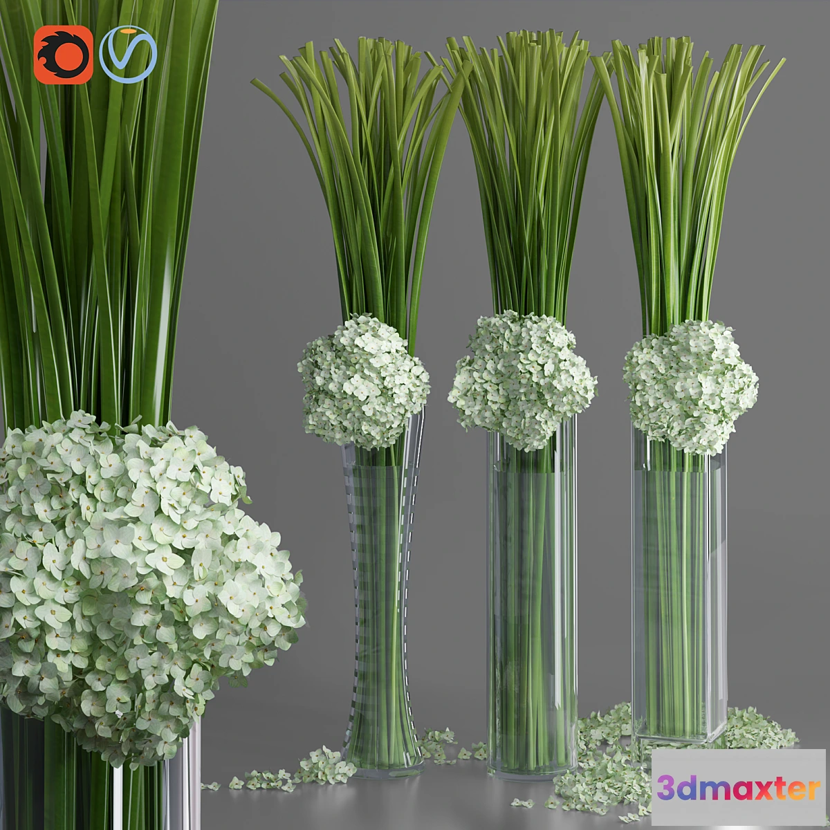 1323660 - Big Hydrangea Leaf Vases Decorative Set 3D Max