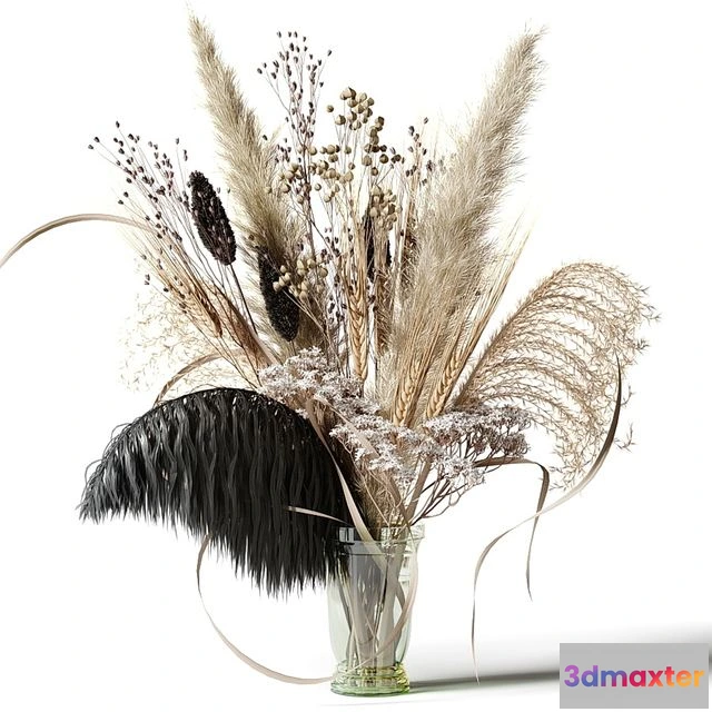 1549801 - Bouquet of dried flowers with a black feather in a glass vase 3D Max