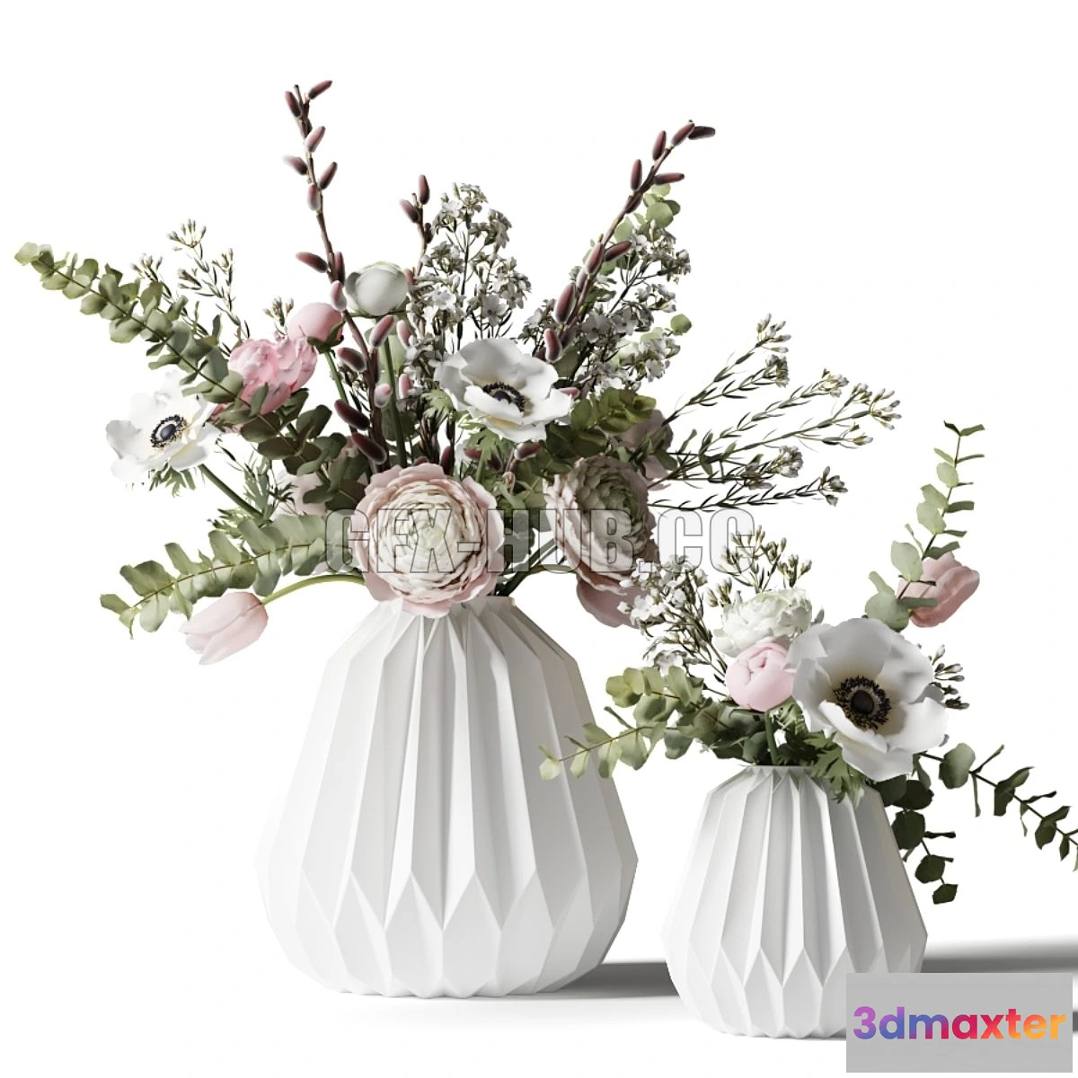 1556755 - Two bouquets in white ribbed vases 3D Max