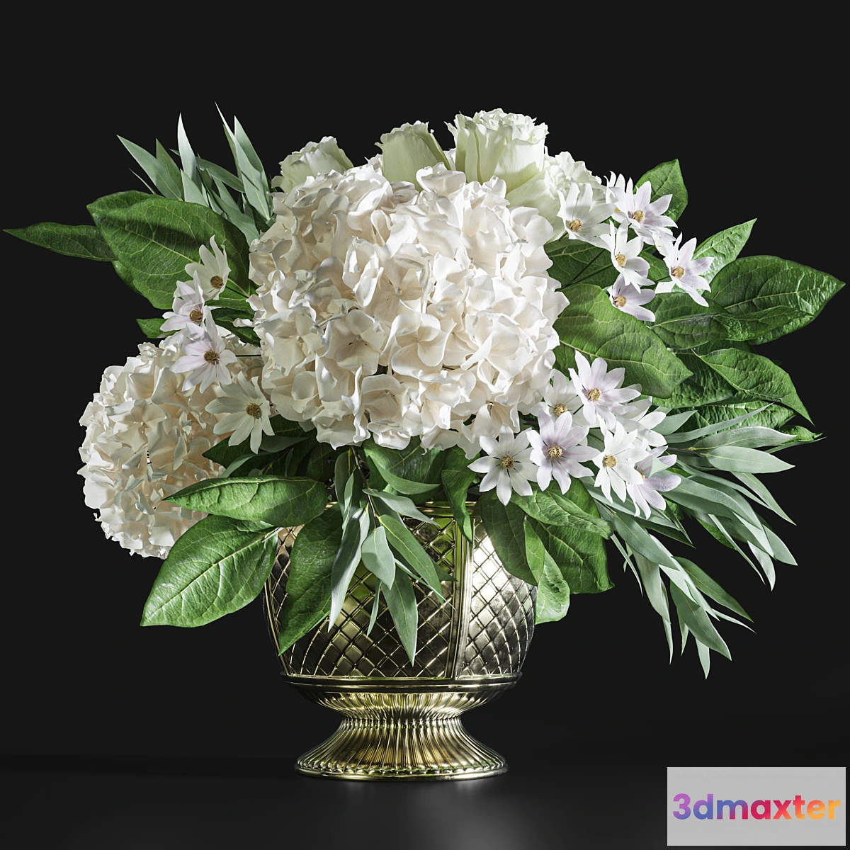 591904 - Flower Set 043 white hydrangea gold vase