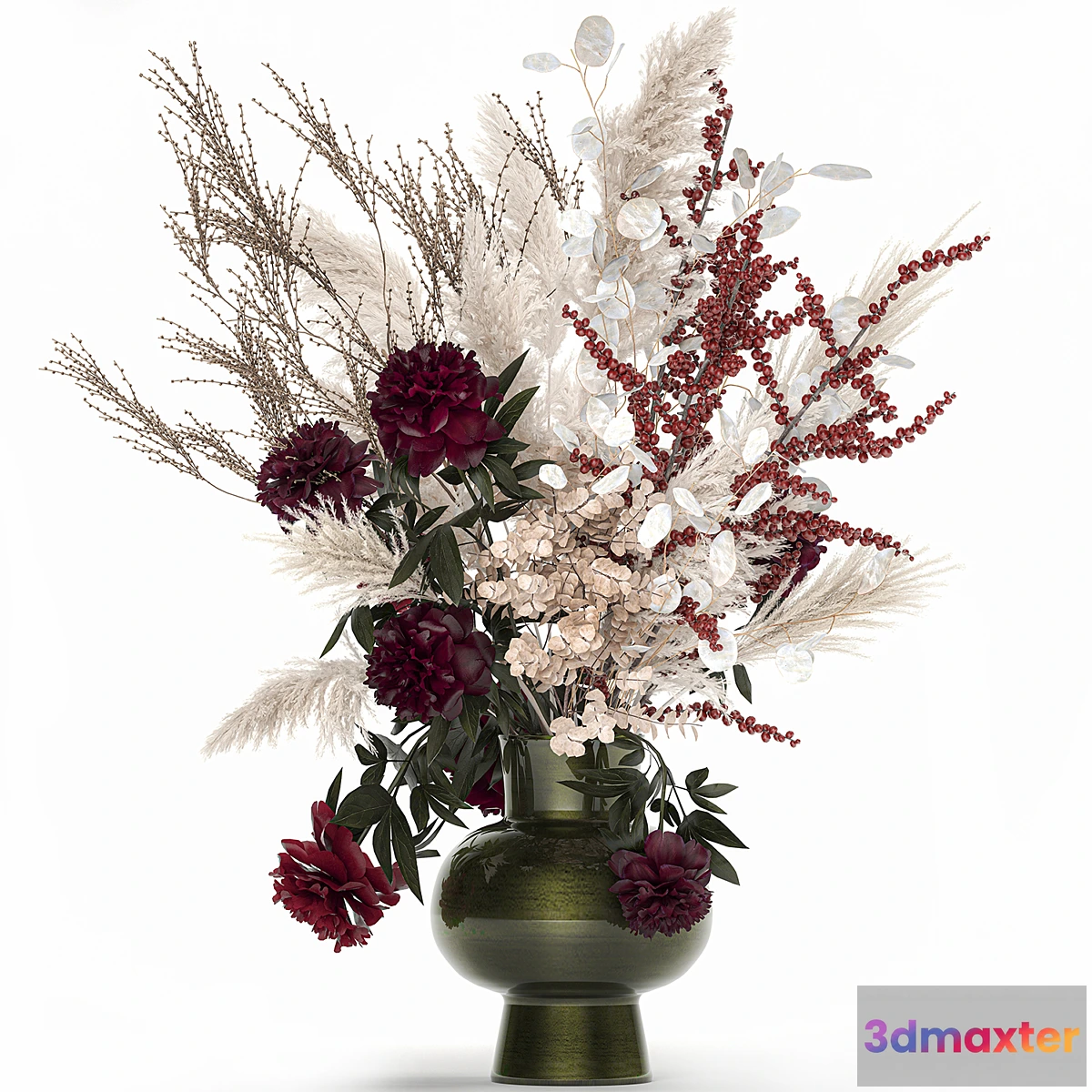687366 - Bouquet 235. Dried flowers pampas grass moonflower branches reeds luxury vase decor white peony Ilex Holly SOLIDAGO