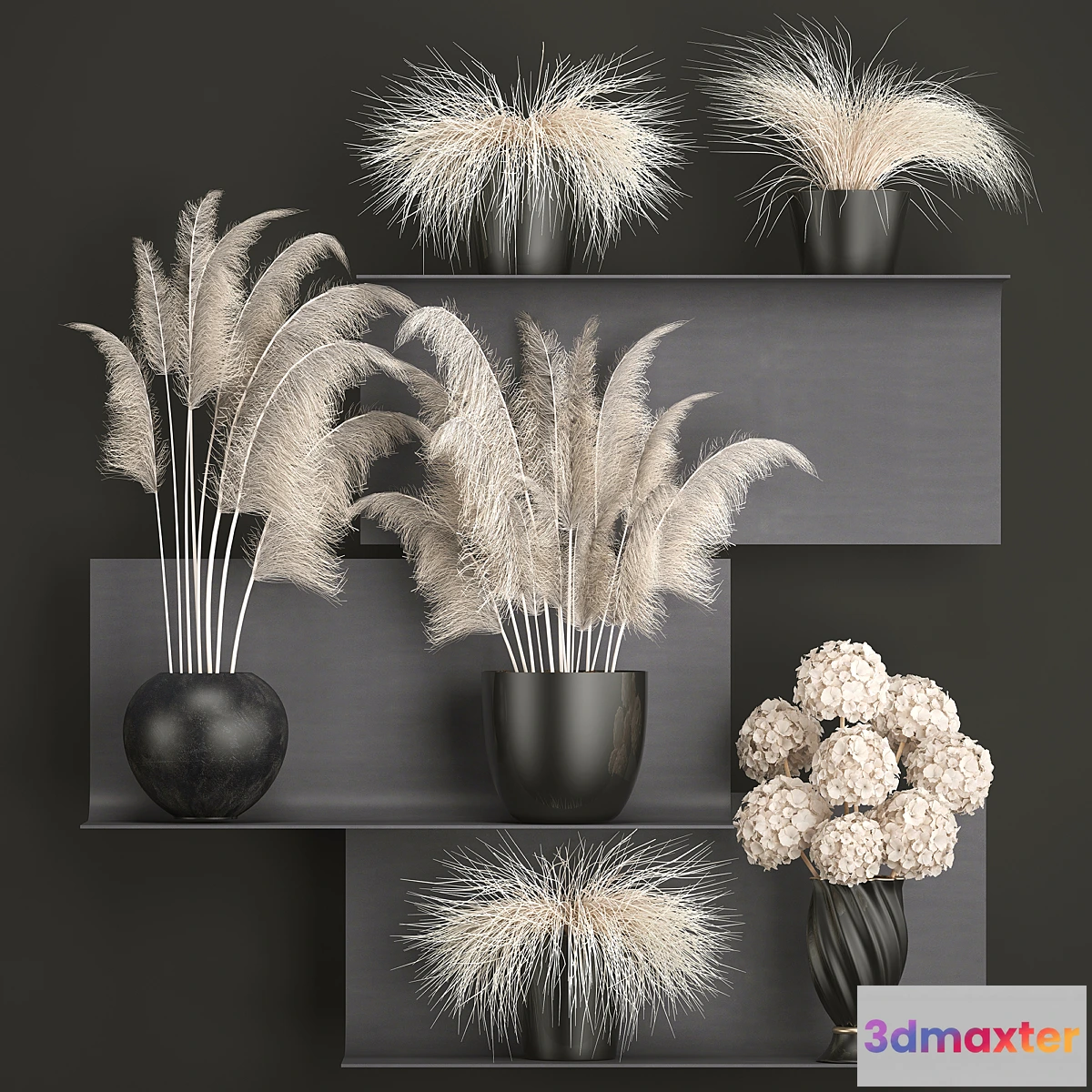 856713 - A collection of white bouquets of dried flowers in black vases on a metal shelf with branches of pampas Pampas grass Hydrangea. Set 91.