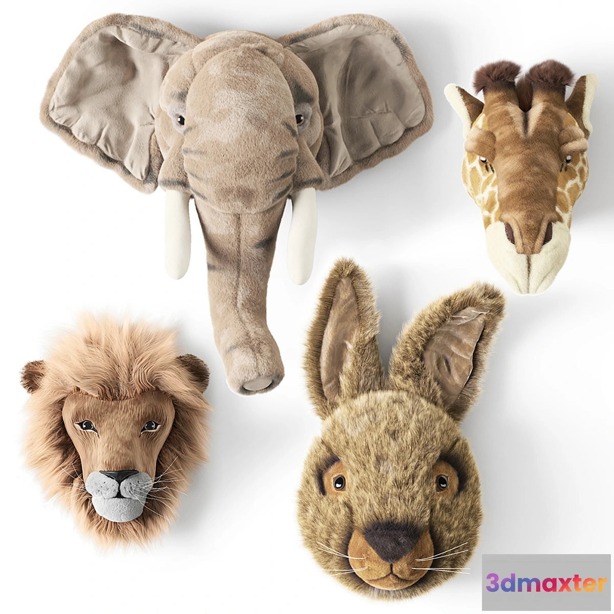 1306996 - ANIMAL HEAD WALL BUSTS Elephant Giraffe Hare Lion 3D Max