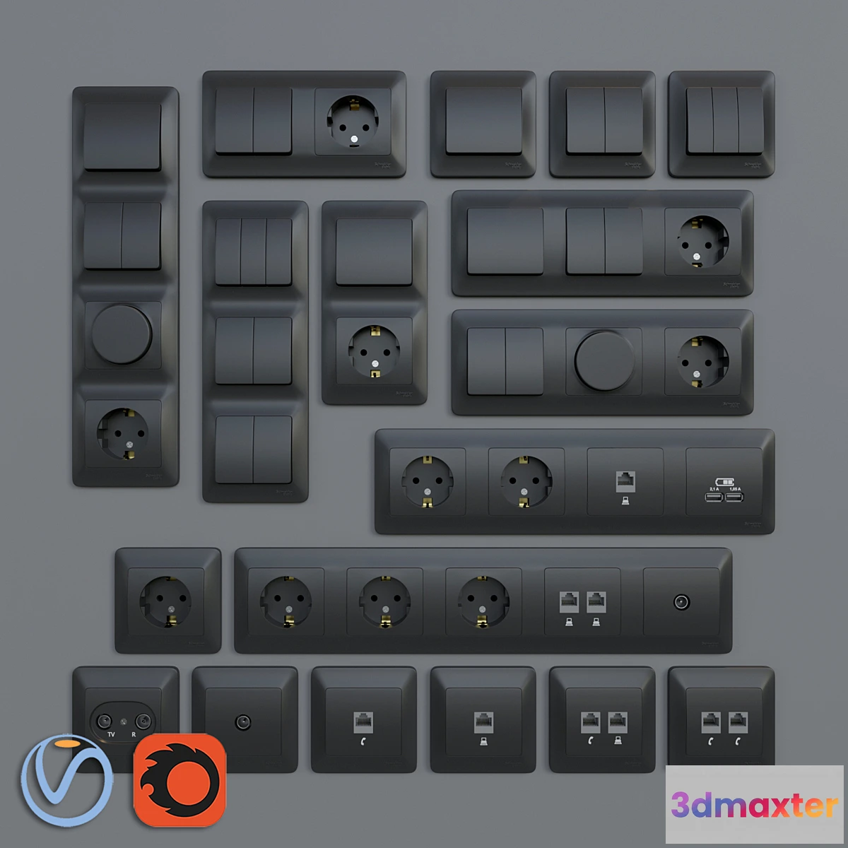 1338951 - Sockets and switches Schneider Electric Glossa  Graphite 3D Max