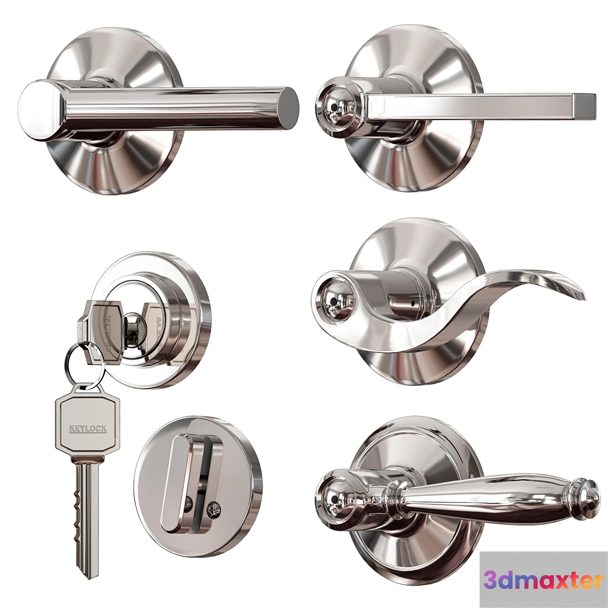 1457730 - Chrome plated metal door handles. lock and key 3D Max
