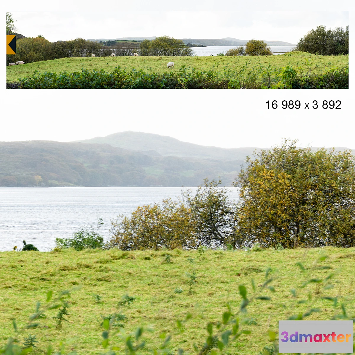 1394008 - Autumn panorama. Northern Ireland. View of the ocean bay and field. 3D Max