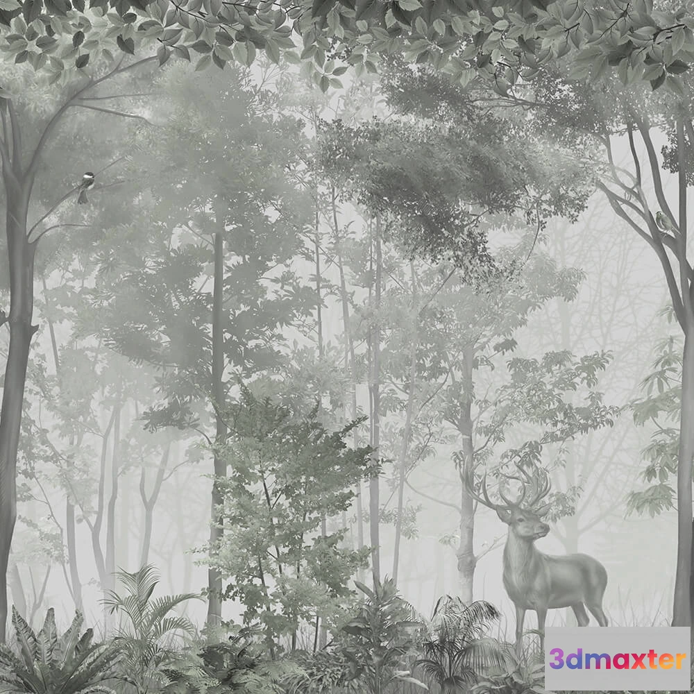 1675191 - ArtFresco - Wallpaper monochrome forest and deer 3D Max