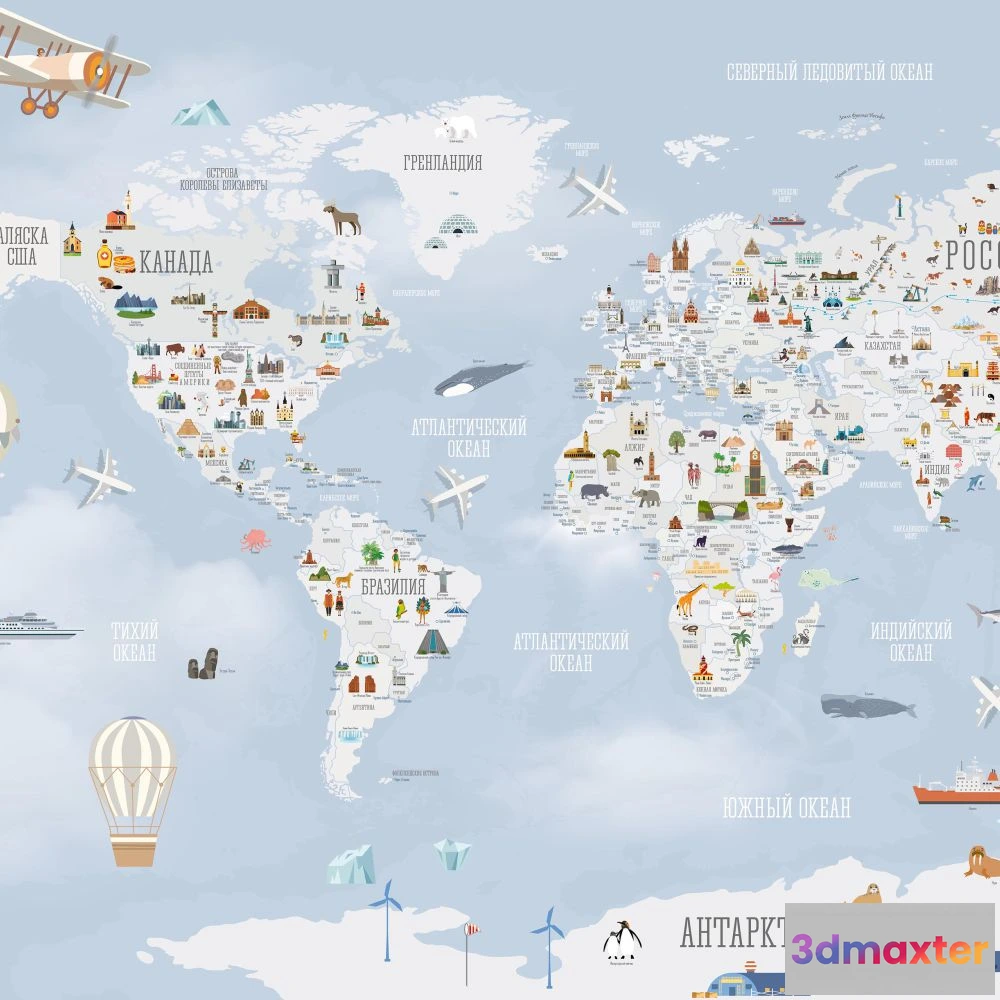 1675649 - Dress-wall - Wallpaper World map with landmarks blue 3D Max