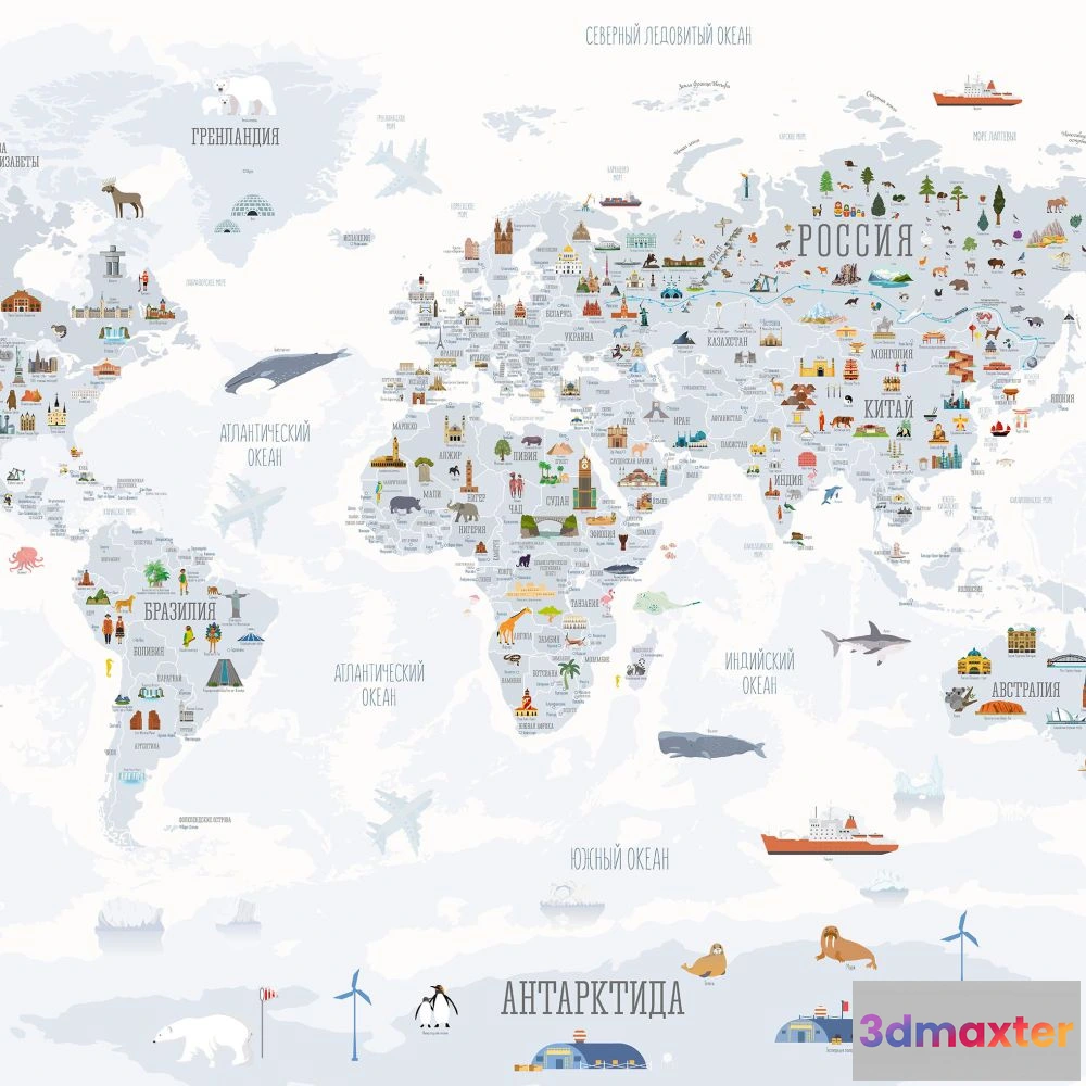 1675659 - Dress-wall - Wallpaper World map with landmarks white 3D Max