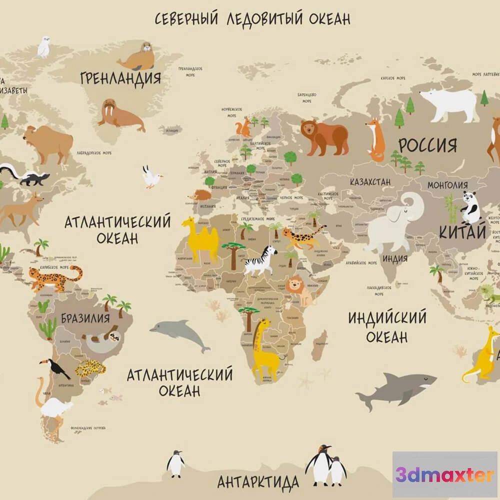 1681540 - ROCK AND WALL - Wallpaper World map with animals and plants 3D Max