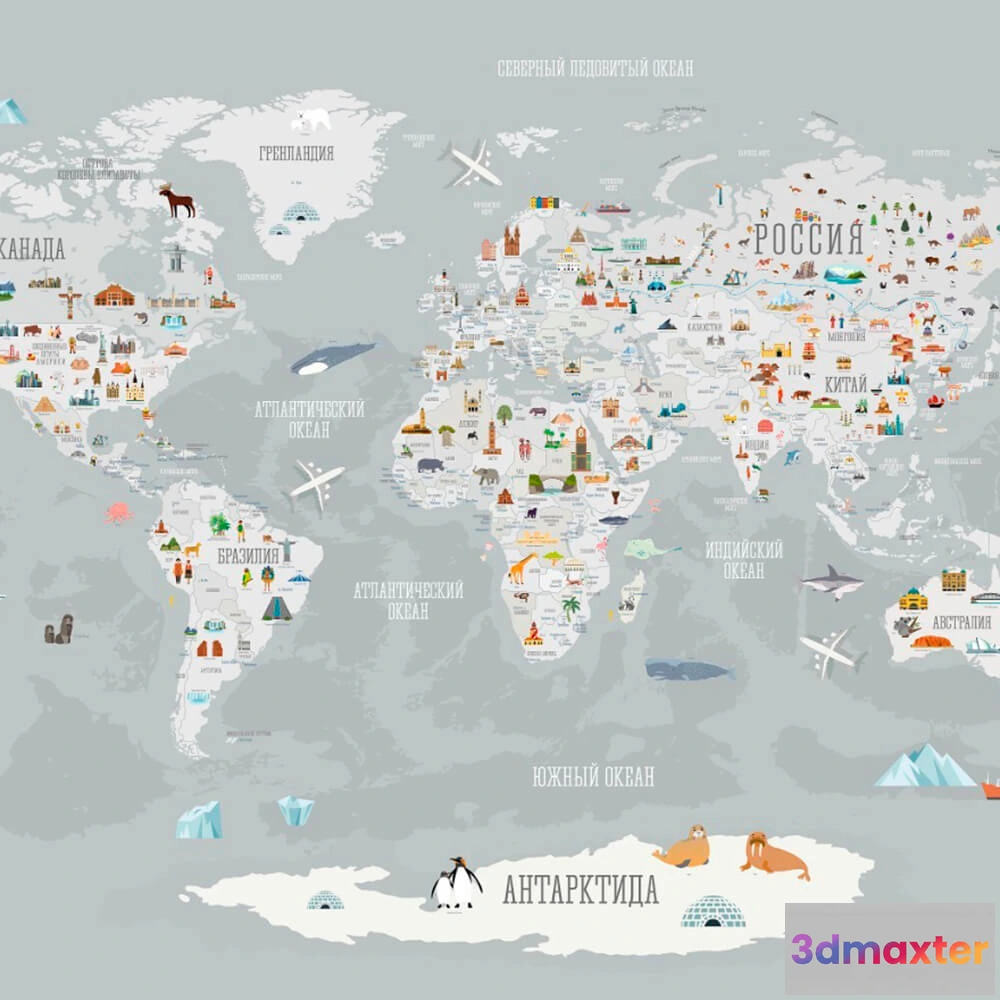 1681554 - ROCK AND WALL - Wallpaper World map with landmarks 3D Max