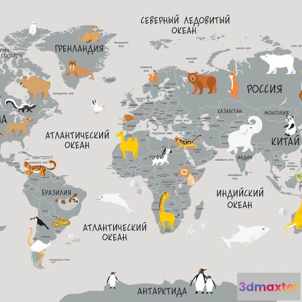 1681612 - ROCK AND WALL - Wallpaper World map with animals 3D Max