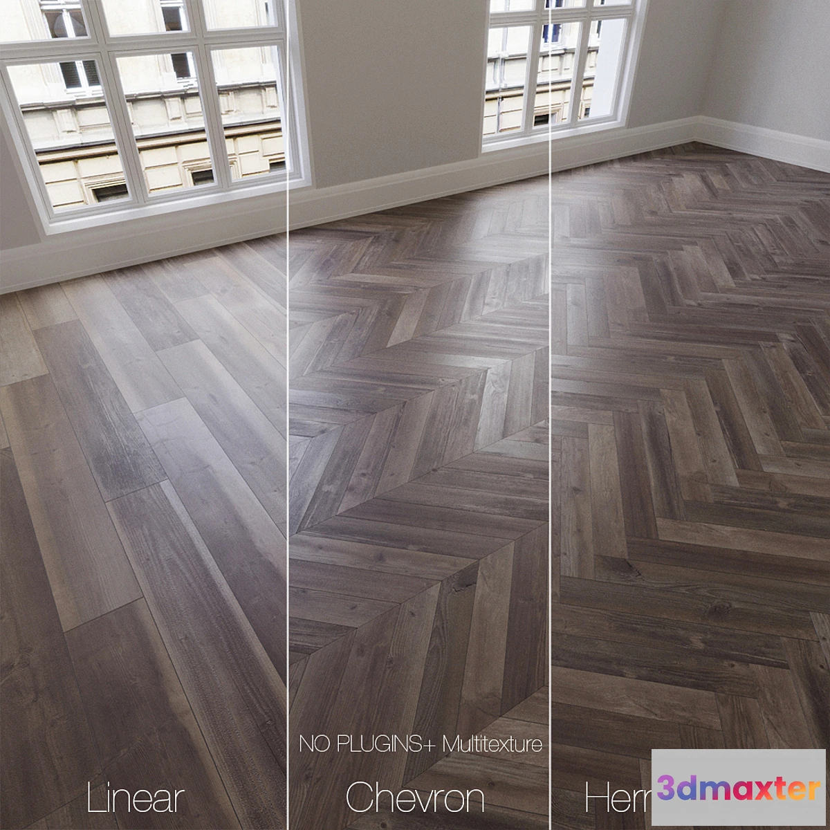 1296952 - Parquet natural ancient oak 3 types. Linear chevron herringbone. 3D Max