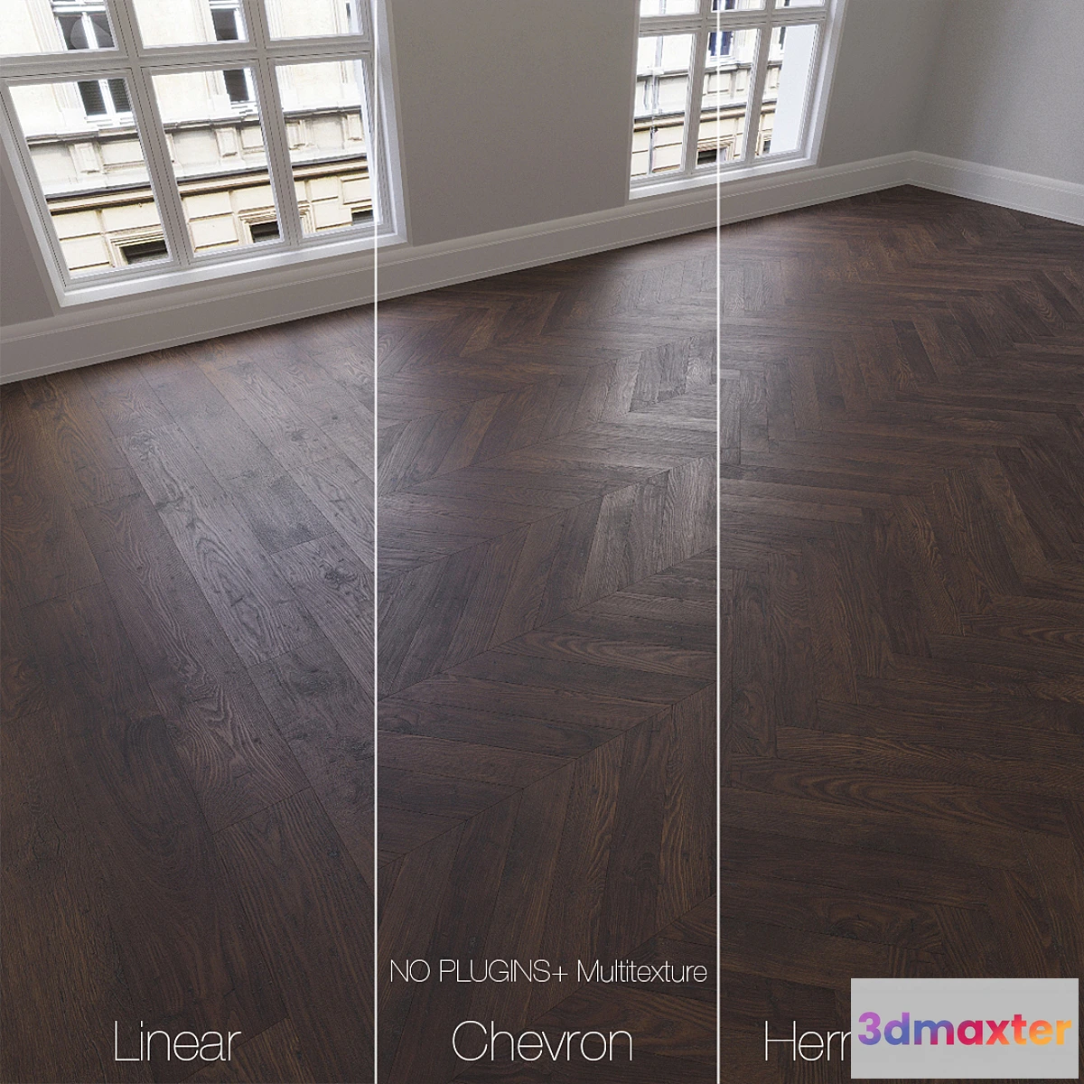 1308560 - Parquet natural Oak Whiskey 3 types. Linear chevron herringbone. 3D Max