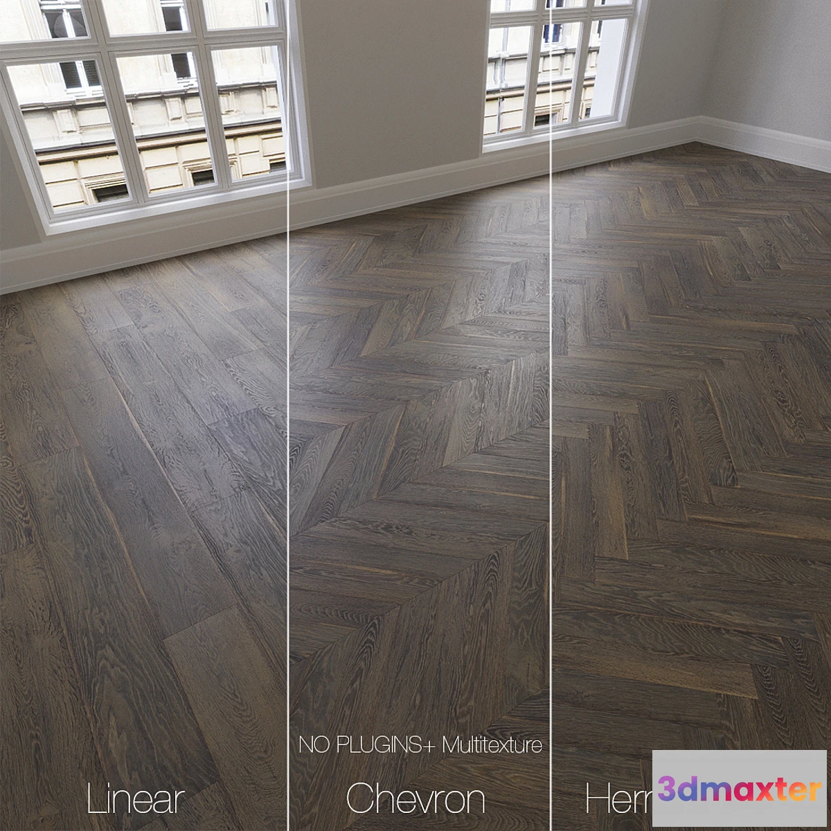 1312856 - Parquet natural Brown oak 3 types. Linear chevron herringbone. 3D Max