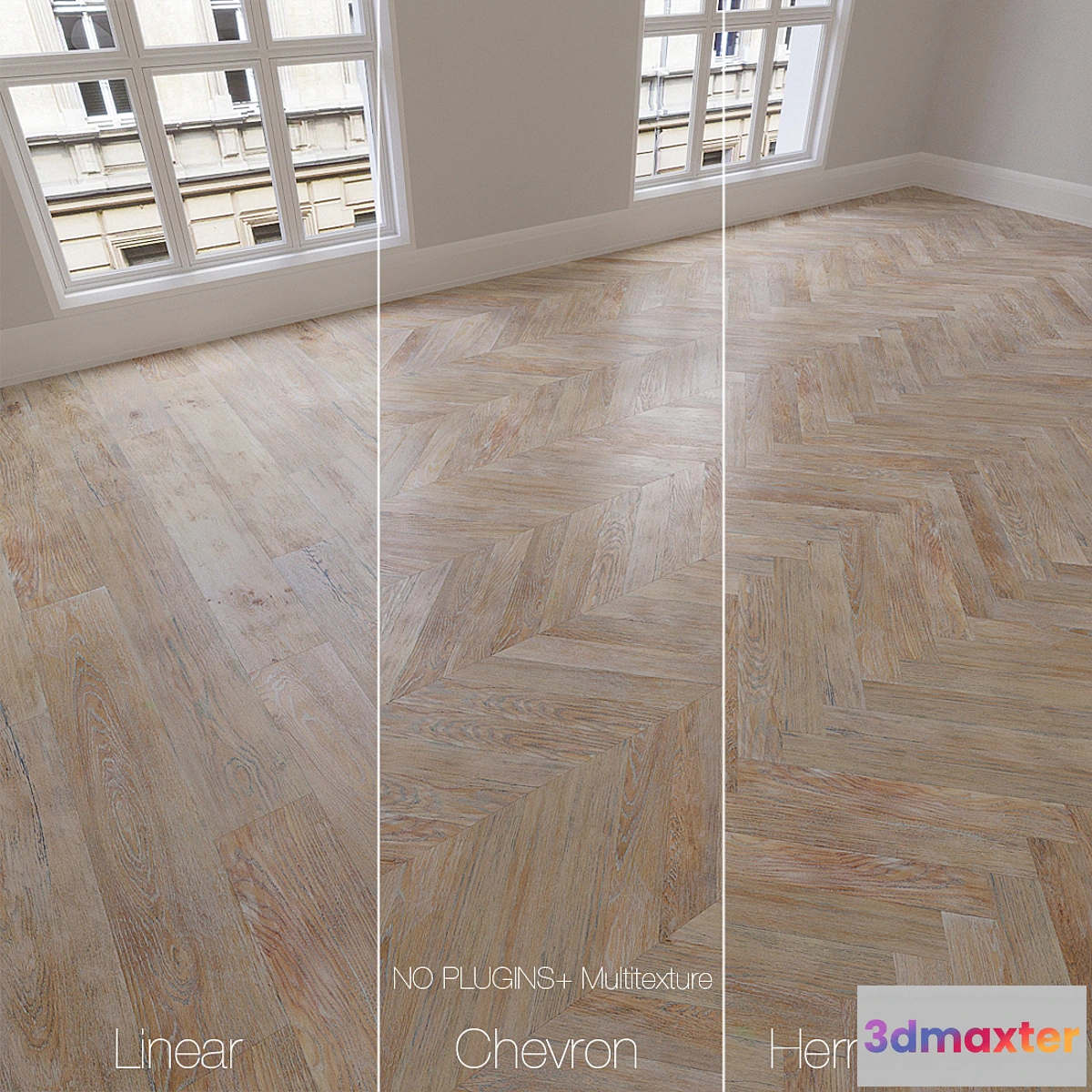 1474342 - Parquet natural oak Scandinavian 3 types. Linear chevron herringbone. 3D Max